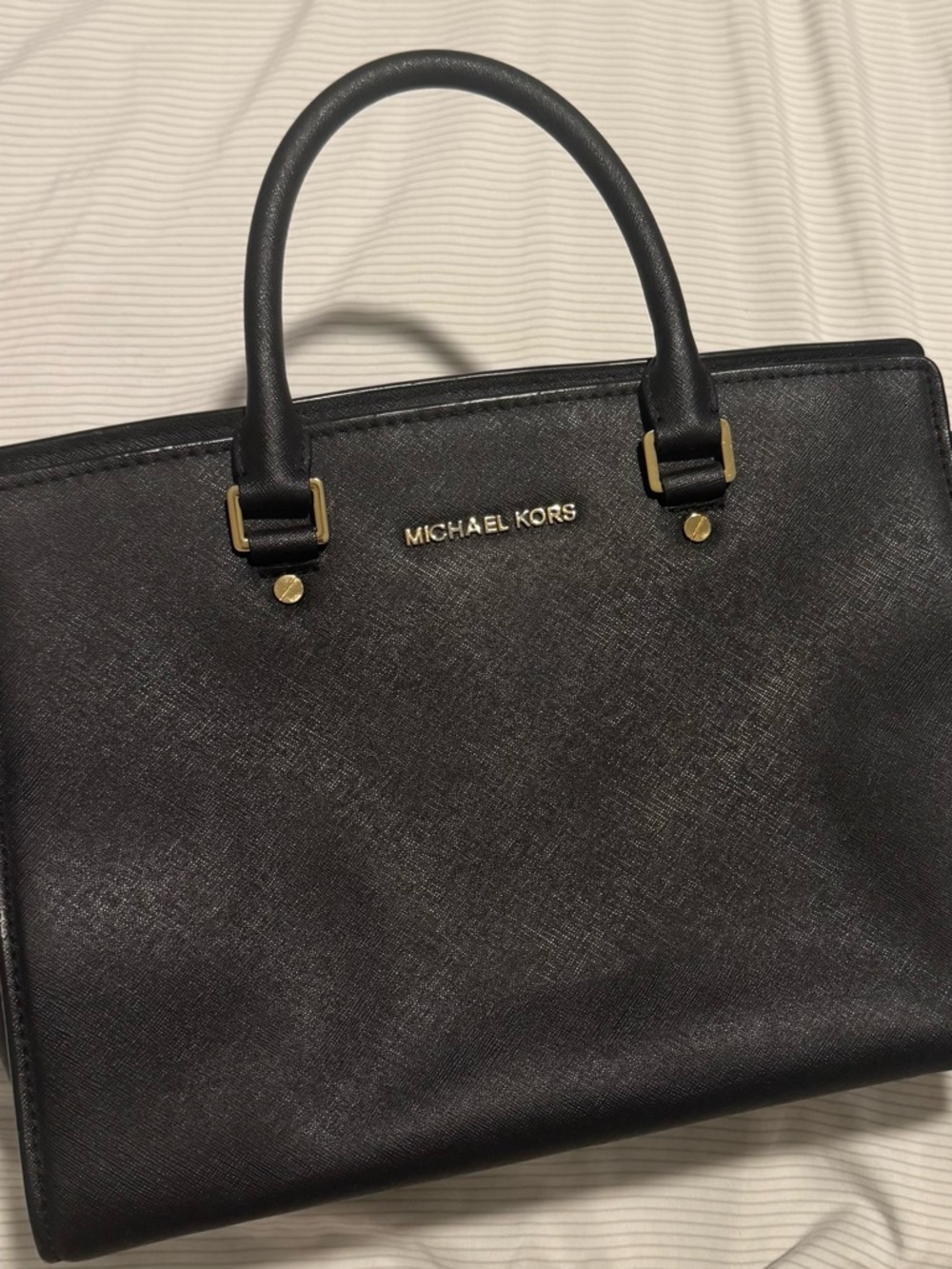 MICHAEL KORS Black Saffiano Satchel with Gold Hardware